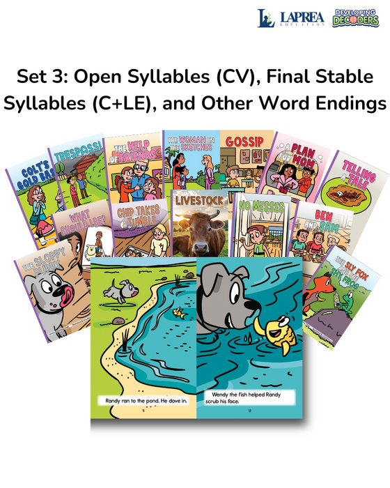 Developing Decoders Purple Collection Set 3:  Open Syllables (CV), Final Stable Syllables (C+LE), and Other Word Endings (1 set, 15 titles)